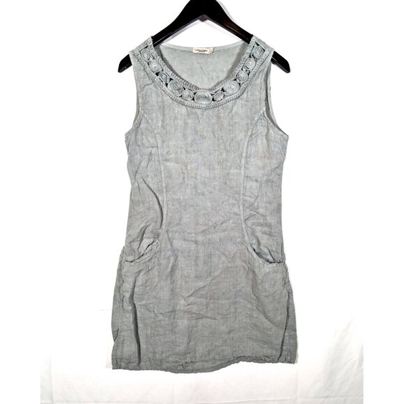 Lungo L'arno Italy 100% Linen Shift Dress Sz M Sage Green Rosette Trim Pockets - Picture 1 of 9